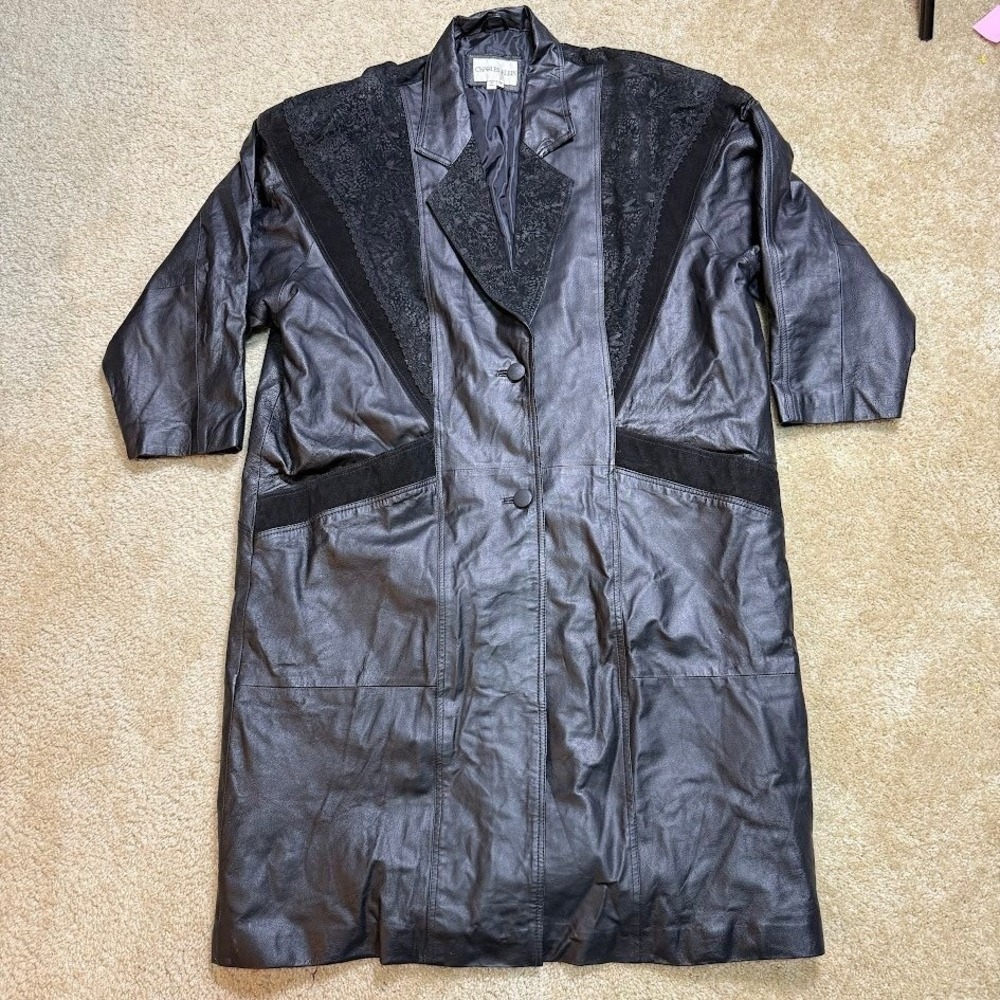 Vintage Charles Klein Genuine Leather Trench Coat Lace Overlay Womens 3X Black